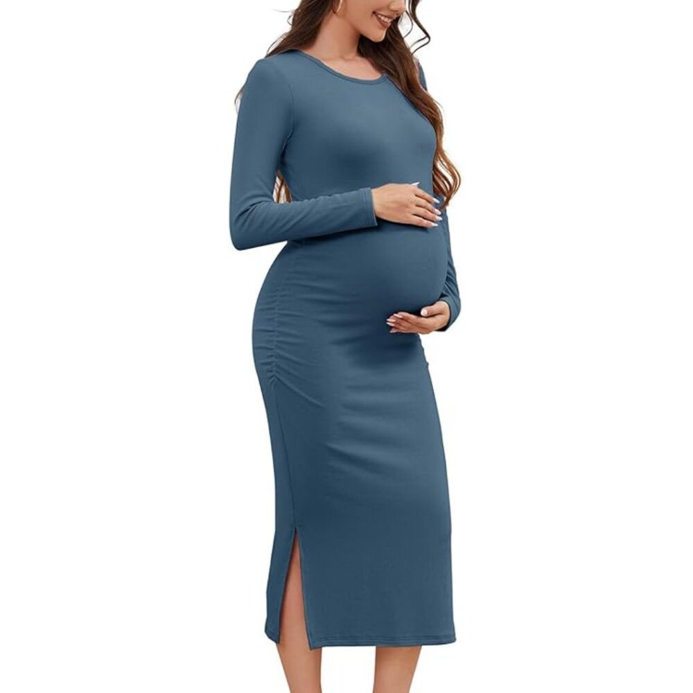 Maternity Sweater Dress, L, Grey Blue, Long Sleeve, Crew Neck, Stretchy, Ribbed